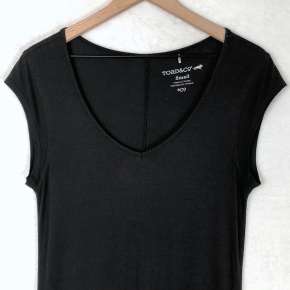 Toad&Co Organic Cotton Modal Ruched Side Midi Dress Sz S Black Cap Sleeve Pocket - Picture 4 of 9